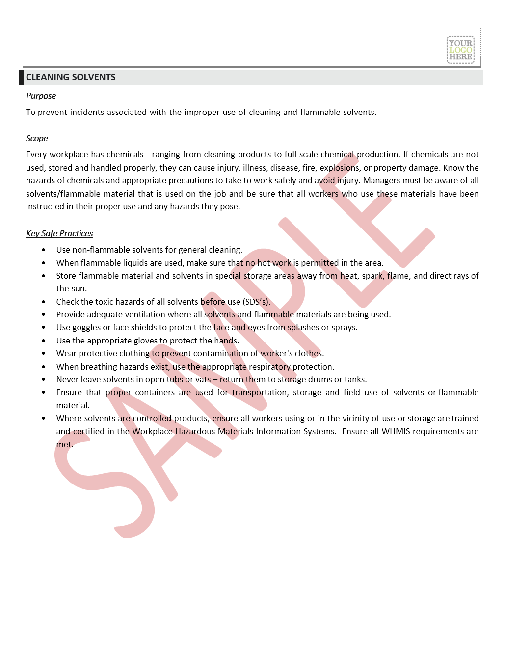 Cleaning Solvents Safe Work Practice