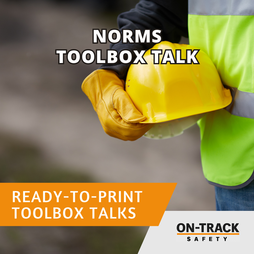 NORMs Toolbox Talk title with radioactive hazard icon and On-Track Safety branding