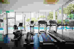 <img src="machines.jpg" alt="workout machines consisting of a bicycle machine and treadmill that overlooks a swimming pool">