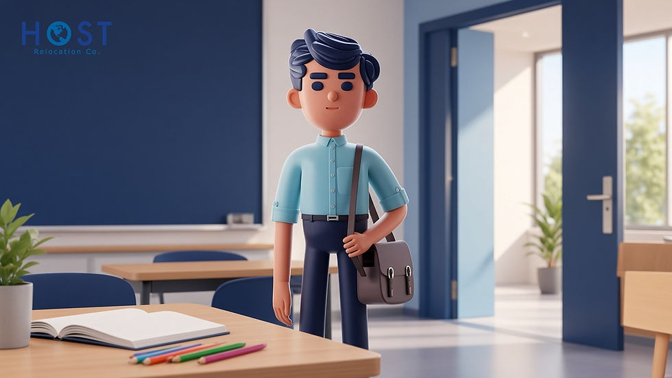 3D premium navy and light-blue scene representing school support services for expat families in Mexico — HOST Relocation