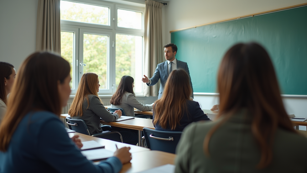 Eye-level view of a classroom with students practicing English conversation