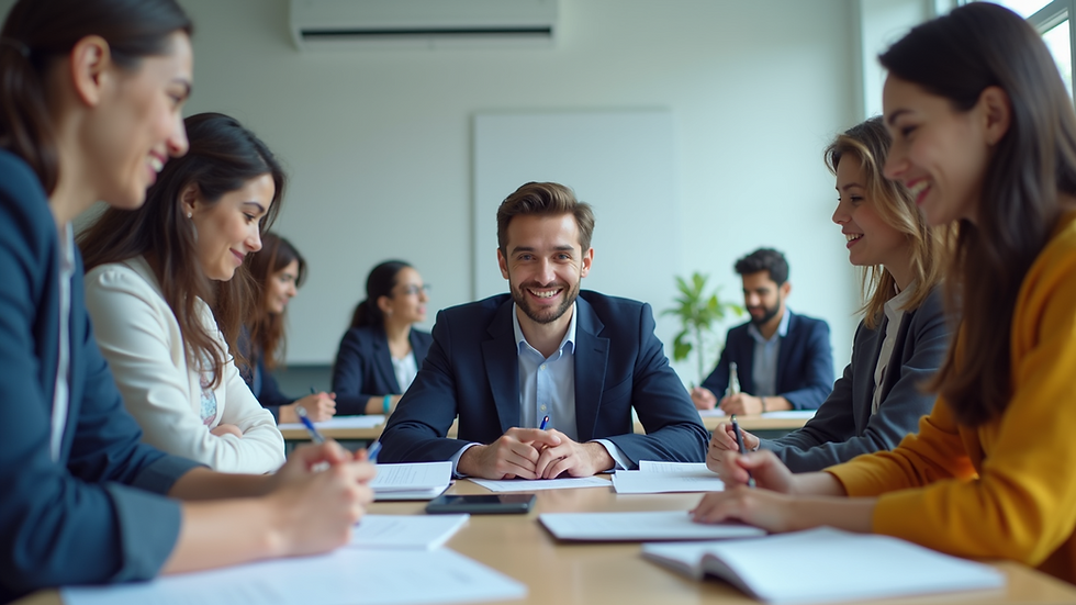 Eye-level view of a modern classroom with students taking an English test