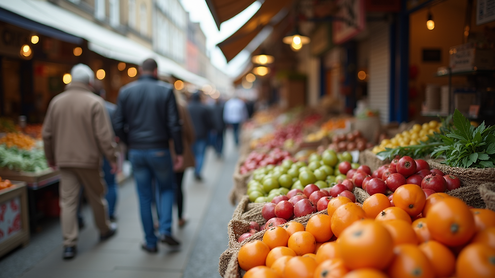 Eye-level view of a vibrant community market in the UK