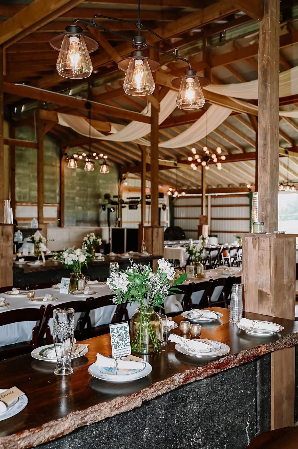 Wedding venue reception space near Kalamazoo Michigan with unique lighting in a rustic but modern feel