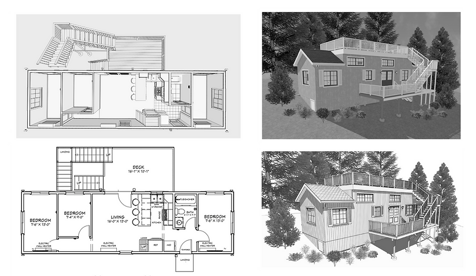 3D drawing 3 bed 1 bath 672 feet plan