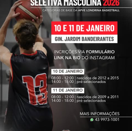 A EQUIPE APVE LONDRINA BASKETBALL REALIZARÁ PENEIRA DE BASQUETE EM 2026 P/ NASCIDOS ENTRE 2009 E 2015