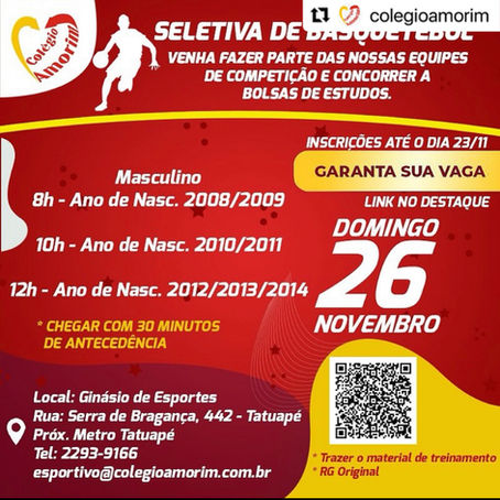 COLÉGIO AMORIM REALIZARÁ SELETIVA DE BASQUETE 2023