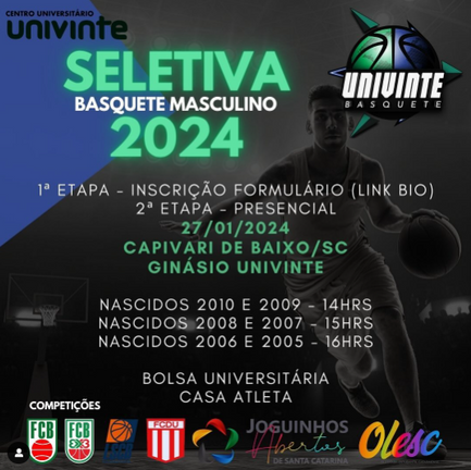 PENEIRA DE BASQUETE COM BOLSA DE ESTUDOS UNIVERSITÁRIO JAN/24