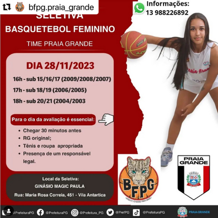 BASQUETE FEMININO PRAIA GRANDE ANUNCIA PENEIRA DE BASQUETE EM 2023