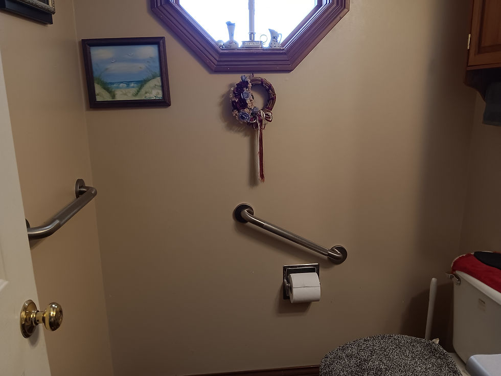 Bathroom with beige walls, grab bars, a wreath, a beach painting, and an octagonal window. Toilet paper holder and a toilet with a gray cover.