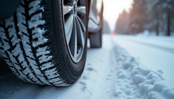 Close-up view of a car tire with deep winter tread on snowy ground