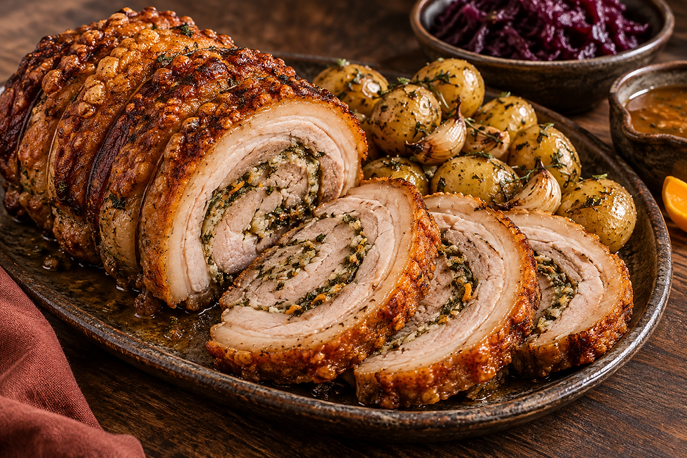Porchetta med sprø svor og perlepoteter med urter fra Ian Chefs julegrillbuffet