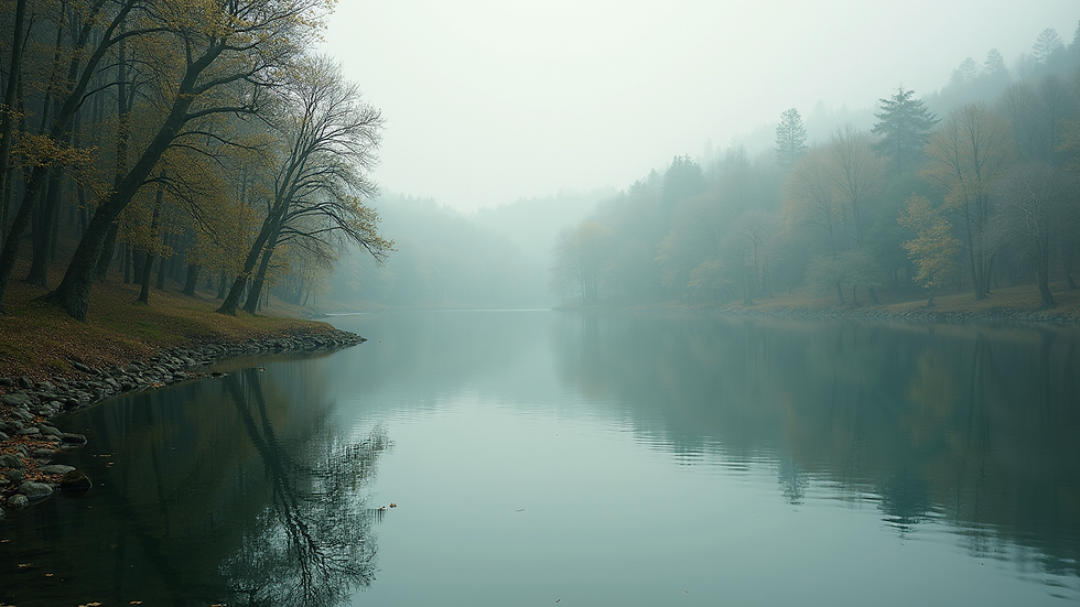 Close-up view of a serene nature scene with a calm lake and trees