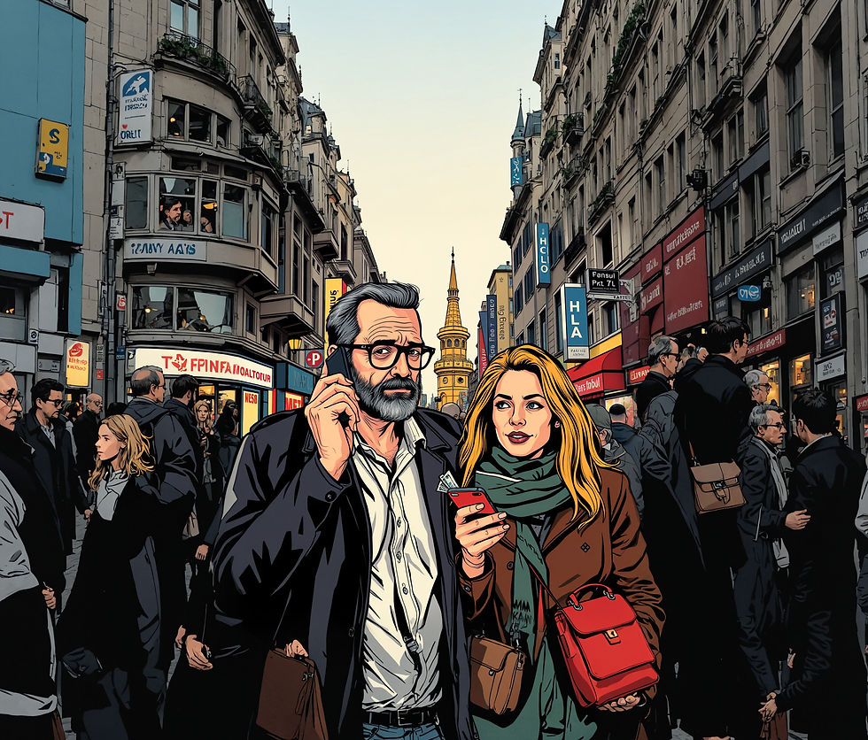 father man and beatiful woman hero mobile phone money crowded istanbul street walk .jpg