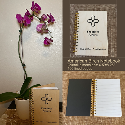 Custom engraved Freedom Awaits live a life of true freedom American birch notebook 6.5 inches by 8.25 inches with 100 pages.