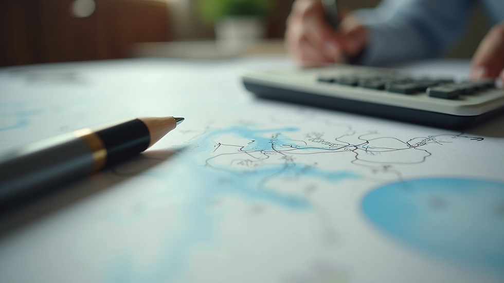 Primer plano de una calculadora y documentos de propiedad sobre una mesa