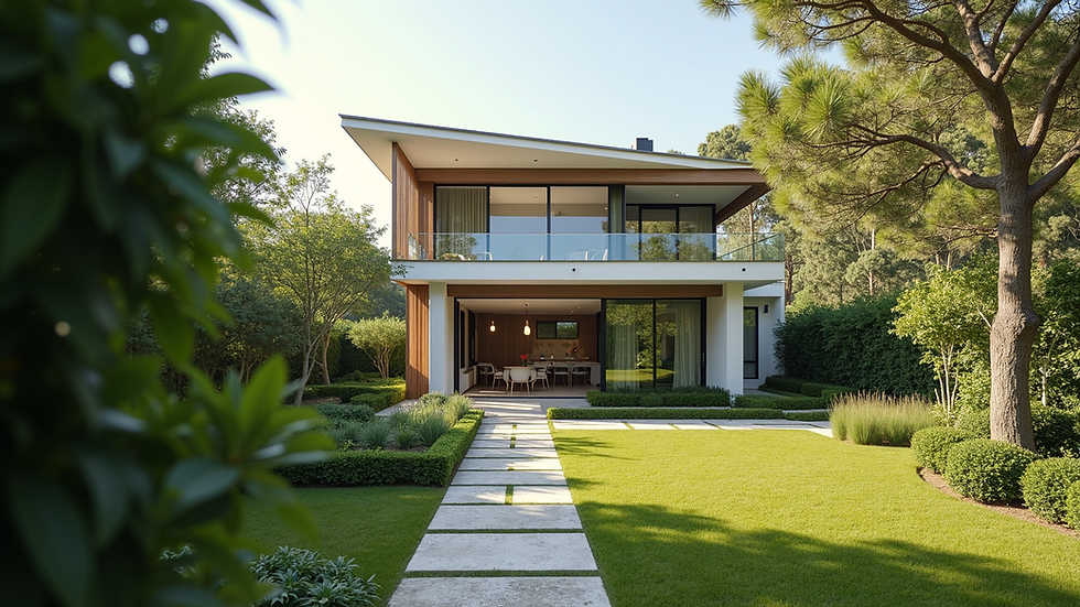 Vista de una casa moderna con jardín bien cuidado