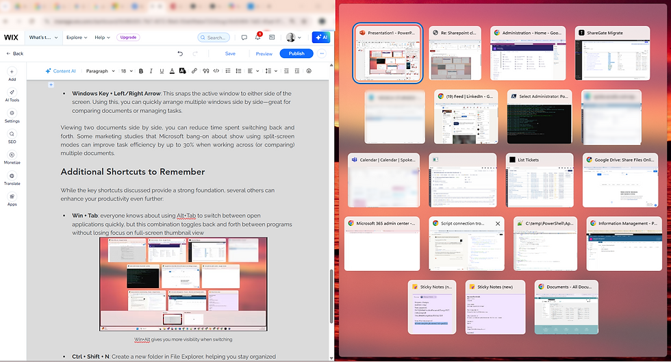 Screenshot of Browser window showing Wix editing article next to the Snap pick window for side-by-side display of apps