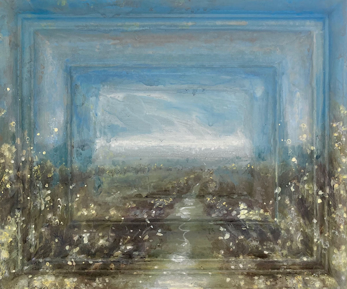 ink painting of a south downs view with landscape full of spring blossom