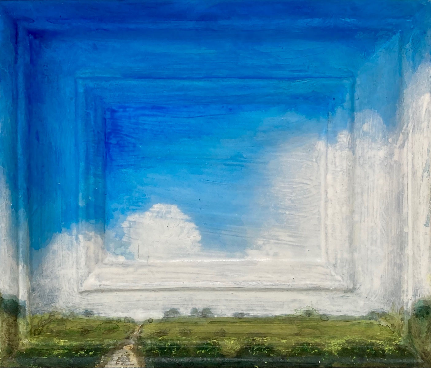 'Summer walk with towering clouds' framescape painting