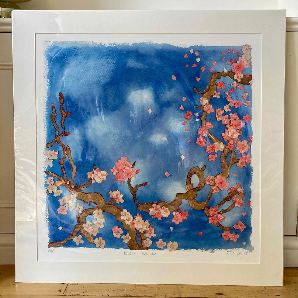 bright blue sky and pink blossom branches with japanese print overtones