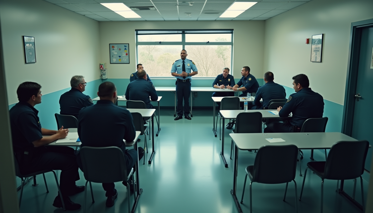 High angle view of a prison training room with officers practicing communication skills
