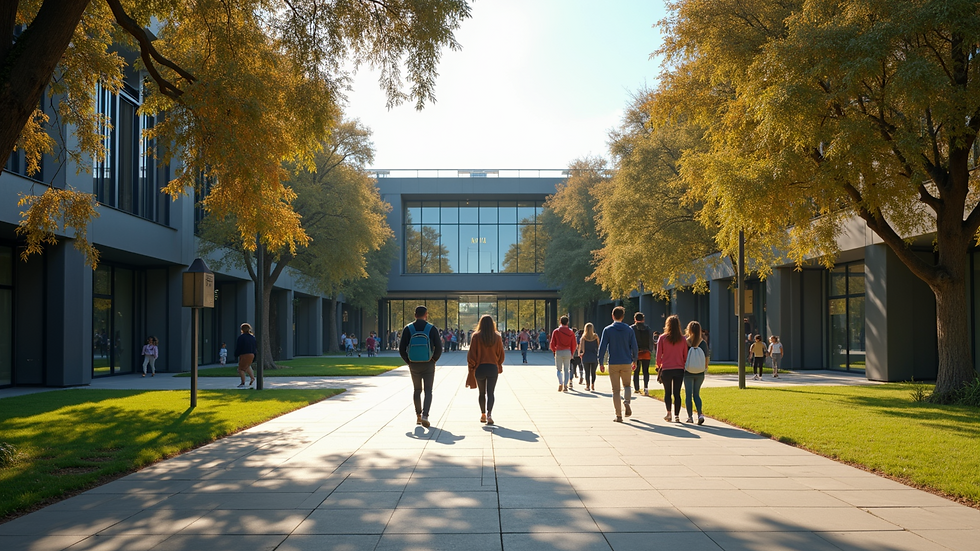 Eye-level view of a modern Australian university campus with students walking