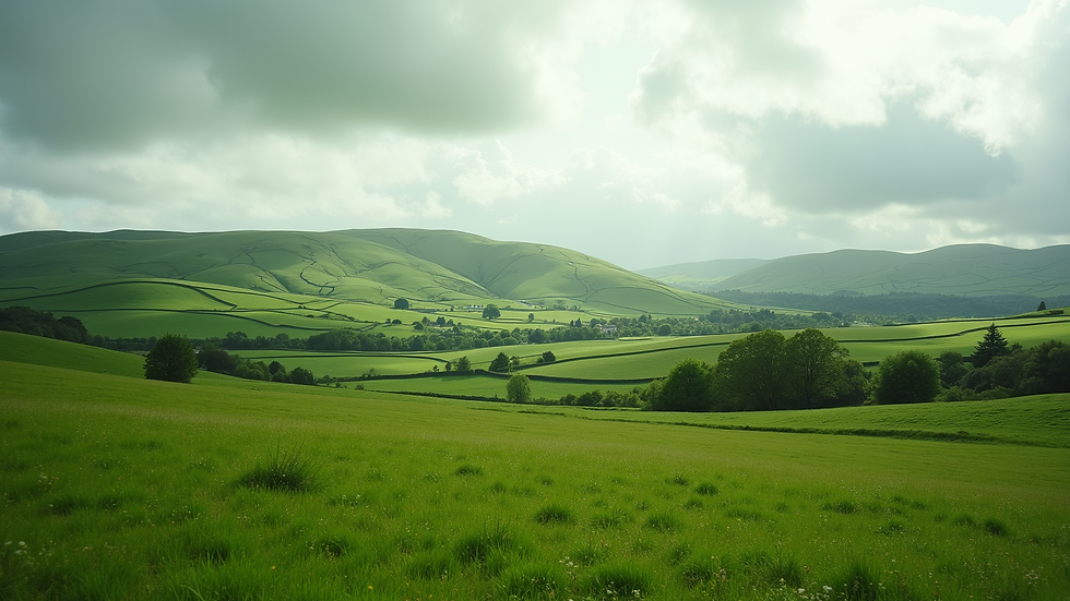 Wide angle view of a green Irish countryside with rolling hills