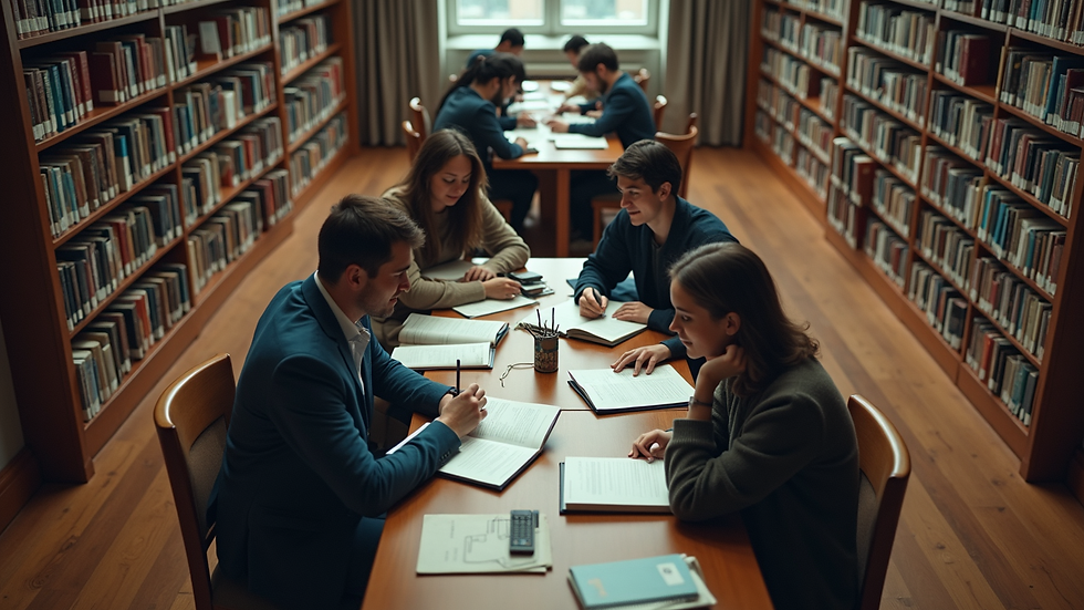 High angle view of students studying together in a university library
