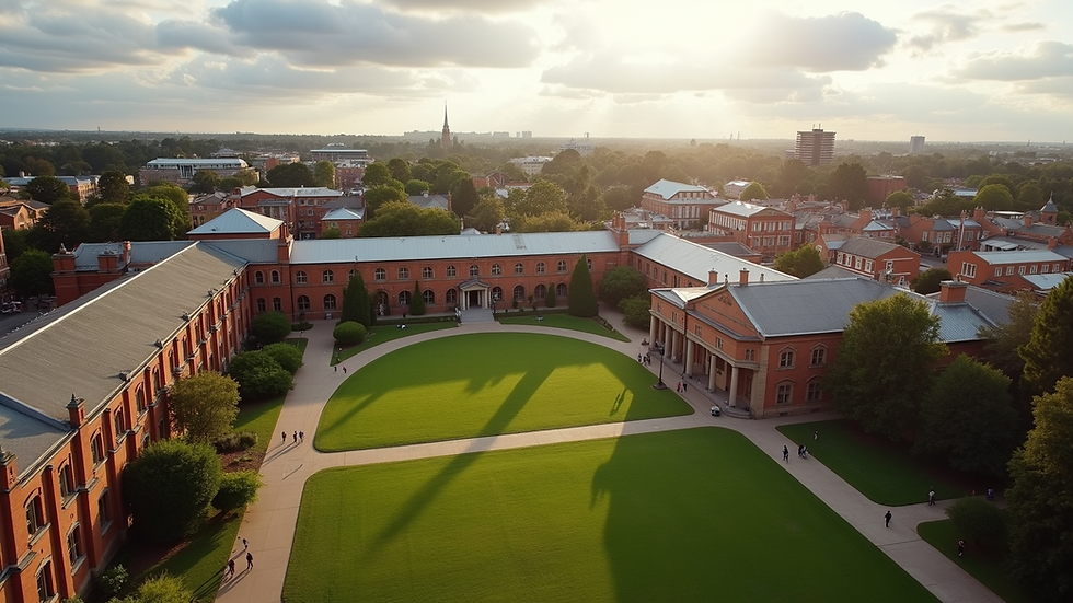 High angle view of University of Adelaide campus with historic buildings and green lawns