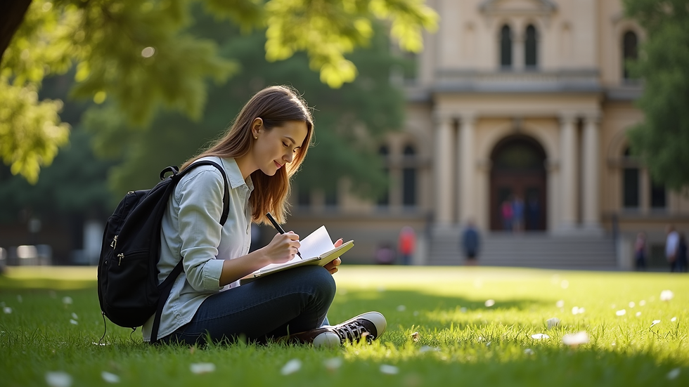 Close-up view of a student studying on University of Melbourne campus lawn