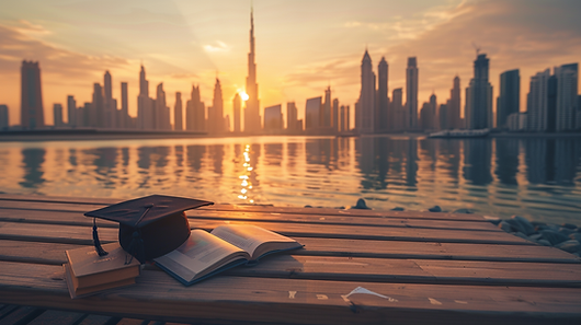Graduation cap and books on a wooden platform by the waterfront at sunrise, with the Dubai