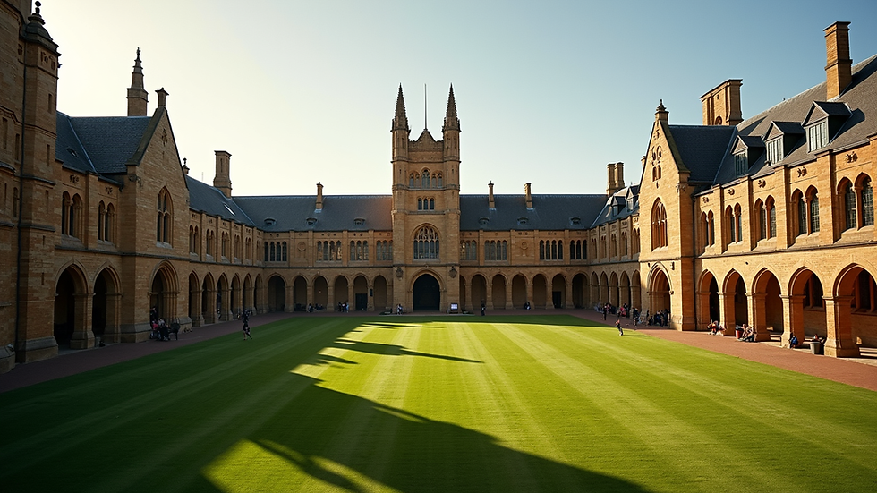 High angle view of University of Sydney’s historic sandstone buildings and green lawns