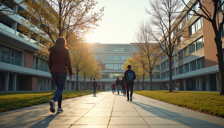 Eye-level view of a modern university campus with students walking between buildings
