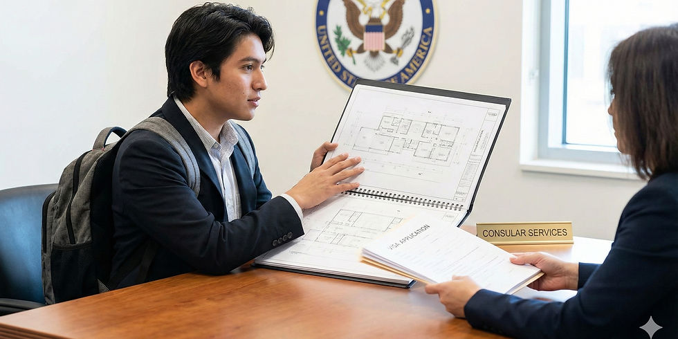 Indian student at Italian consulate submitting student visa documents with architectural design portfolio visible.