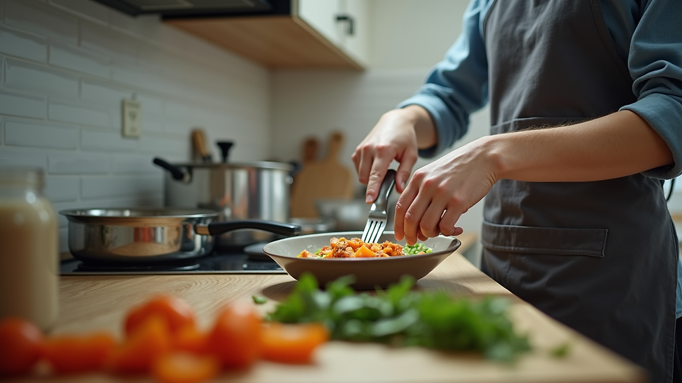 Close-up of a student cooking a simple meal in a small kitchen