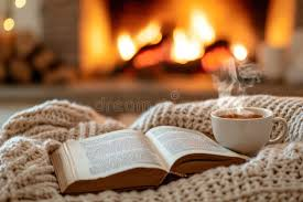 Mug of something hot and an open book on a soft blanket in front of a fireplace with a fire.