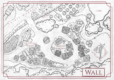 Created based on the book Stardust by Neil Gaiman. This map shows the village of wall with a faerie market to the north of a predominant wall.