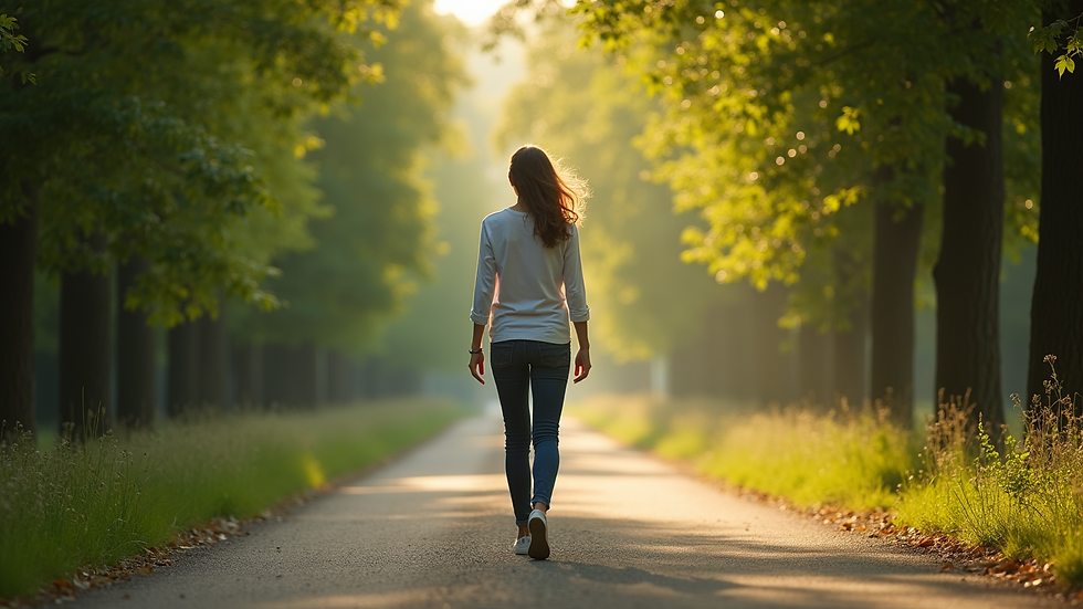 Vue de face d'une personne marchant sur un chemin ensoleillé entouré d'arbres verts