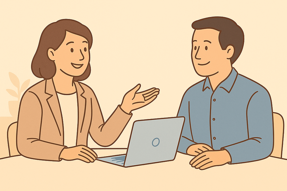 Femme expliquant un point à son collègue devant un ordinateur, incarnant la posture assertive dans la relation client.