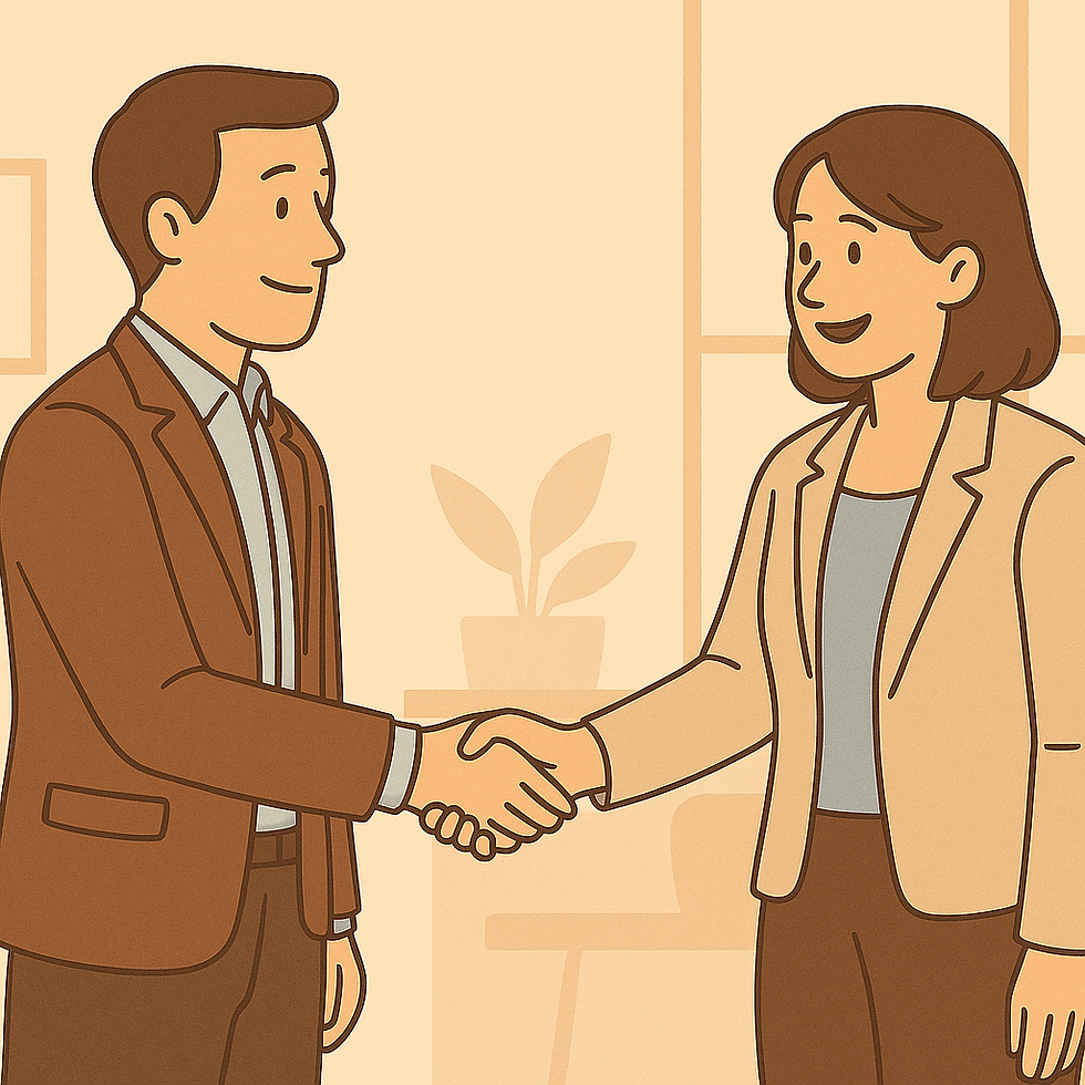 Deux professionnels se serrant la main, symbolisant une relation client respectueuse et équilibrée.