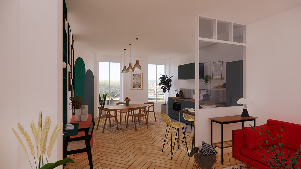 Visuel 3D réaliste pour la rénovation d'une grande pièce de vie de 35 m² à Lyon 7