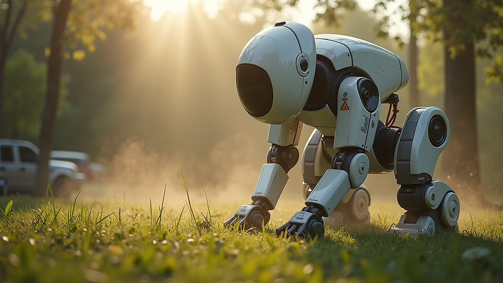Weitwinkelaufnahme eines Mähroboters, der einen großen Garten in Berlin mäht