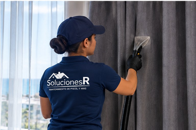 Técnico de Soluciones R realizando limpieza profesional de cortinas screen