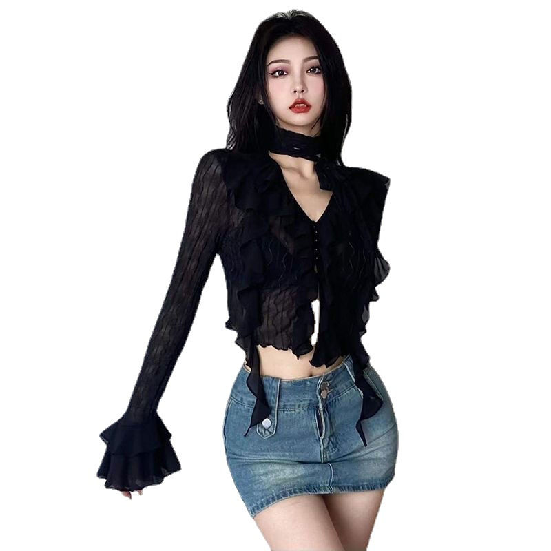 Thumbnail: Floral Shirt, Layering Top, High Neck Lace Blouse