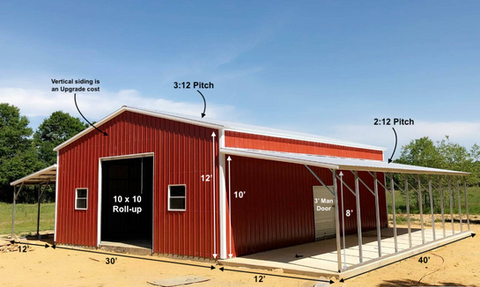 Red metal building with a covered side extension