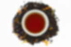 A cup of brewed tea with loose, dry Earl grey around it. Black tea with orange and blue edible flowers combined.