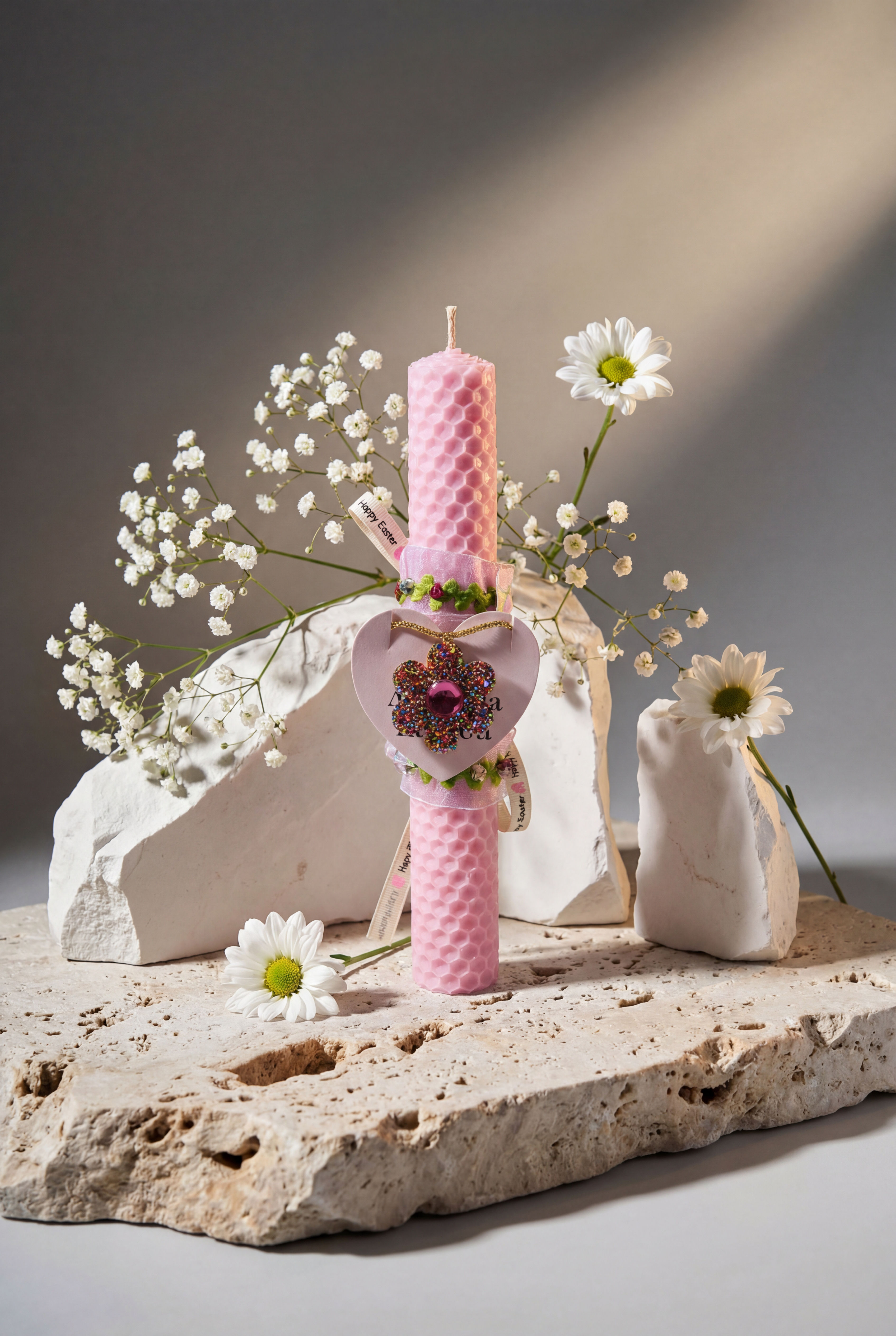 Λαμπάδα ροζ με κολιέ μαργαρίτας
