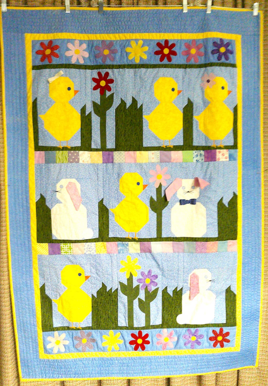 Bunny & Chicks Quilt: 43x62 inches Appliqued & Pieced Child's bedding
