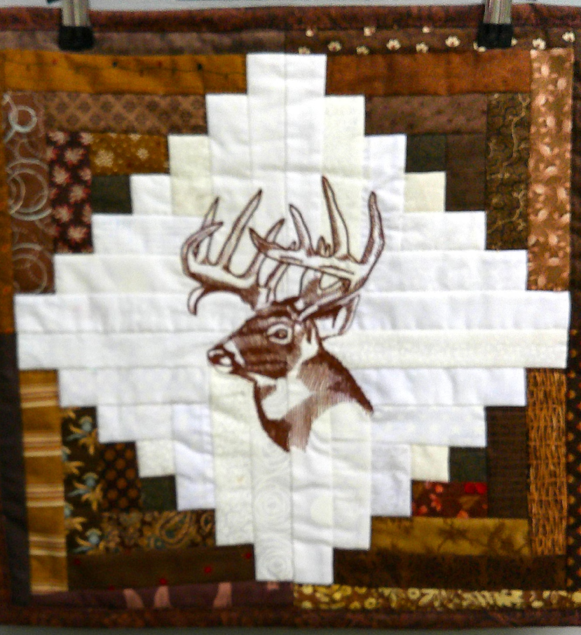 Deer Head Embroidered Log Cabin Wall Quilt: 15.5x15.5